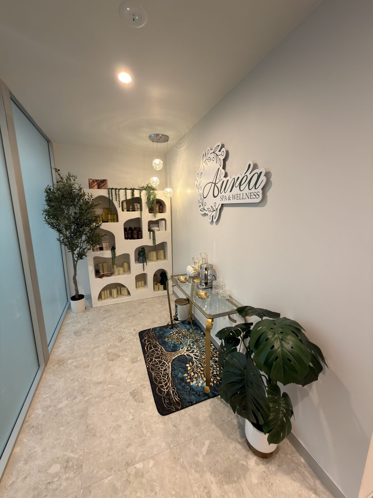 Retail display shelving and styling at Aurea Day Spa