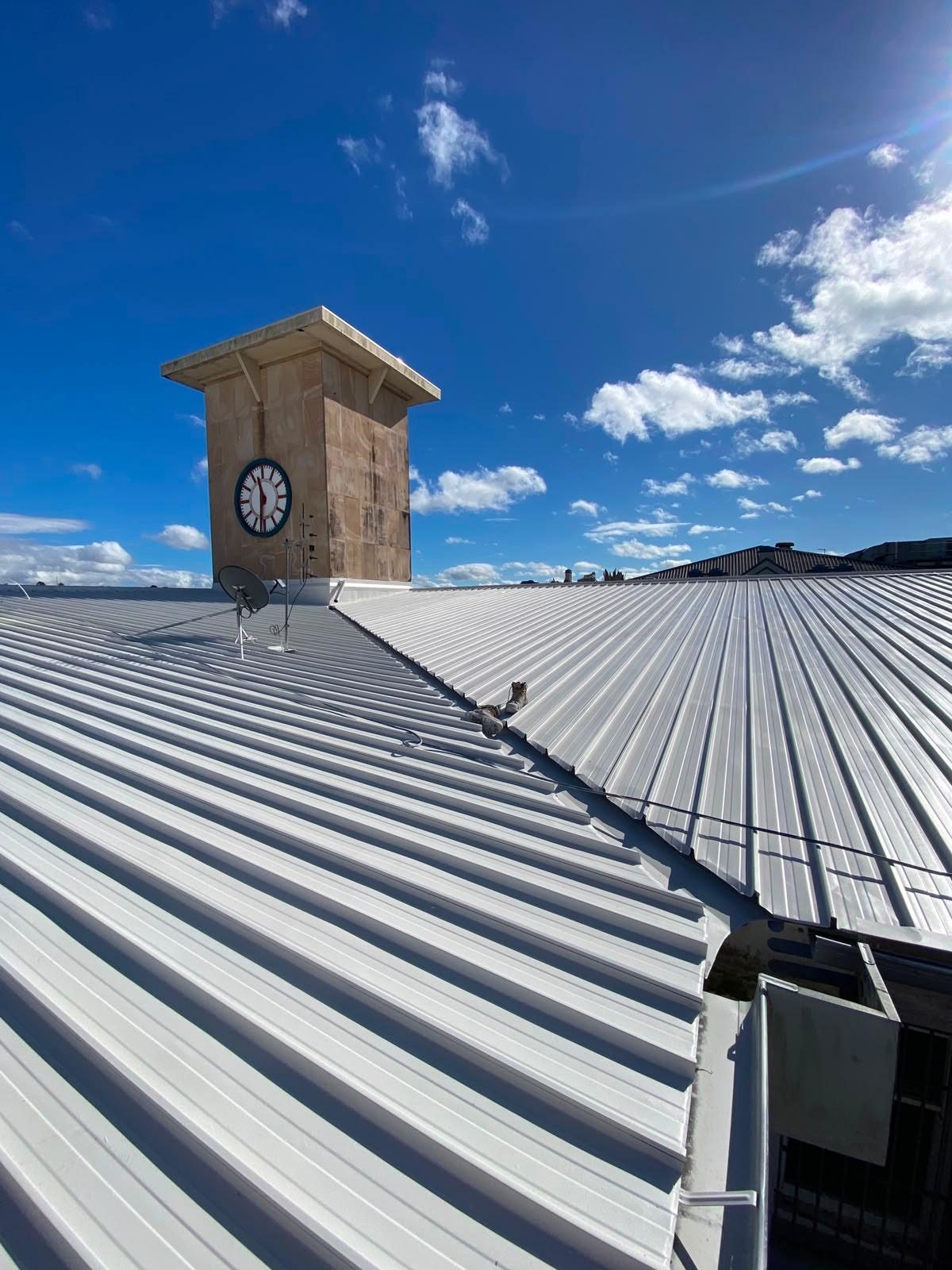 Completed roof waterproofing membrane running up to the clock tower at 368 Ruthven Street, Toowoomba